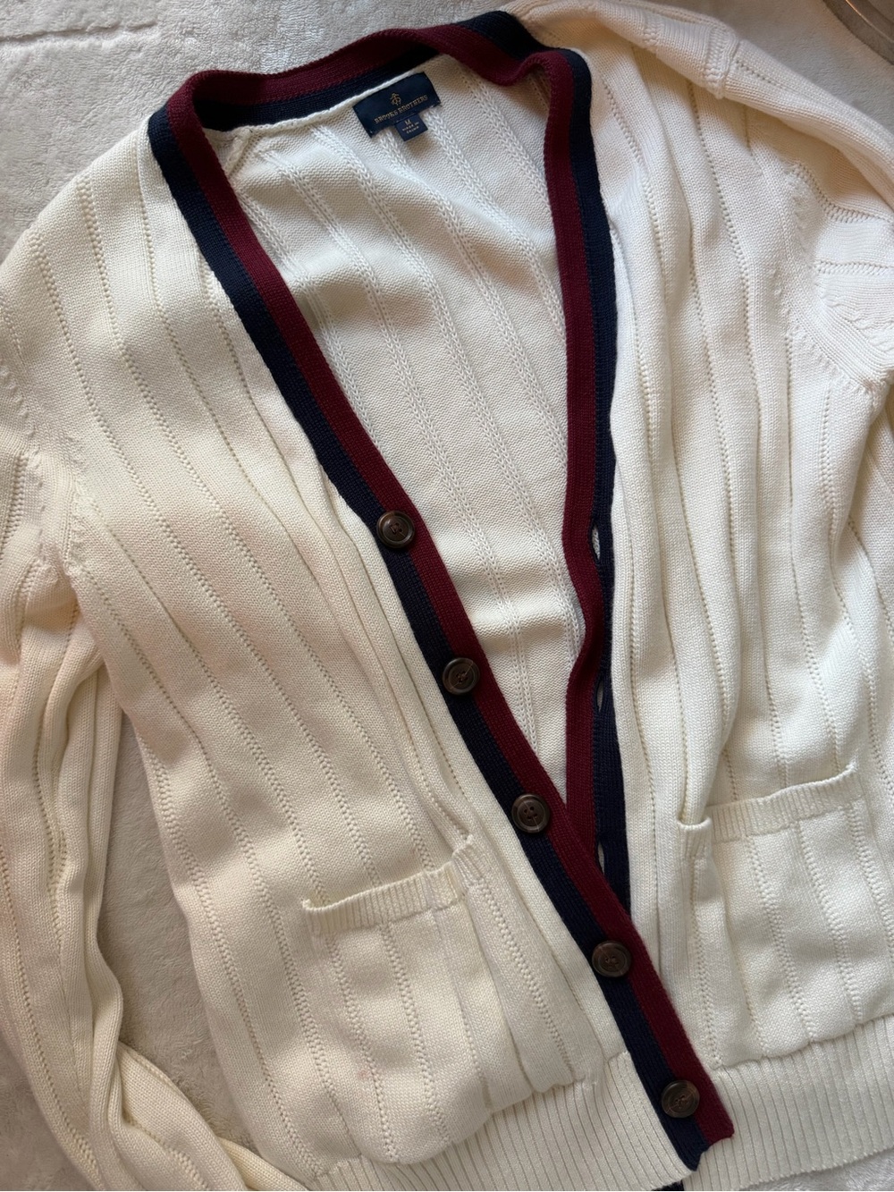 Brooks Brothers White Ribbed Cardigan with Navy & Burgundy Trim